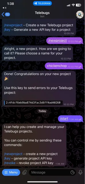 Telegram Telebugs Bot in action