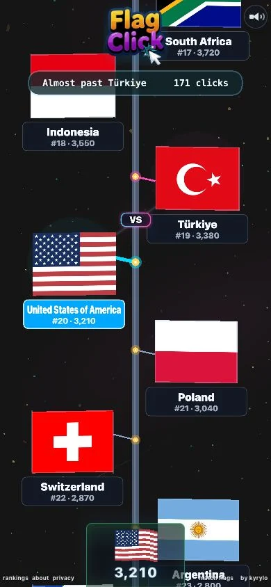 Flag Click on a phone, with flags climbing a pole in space